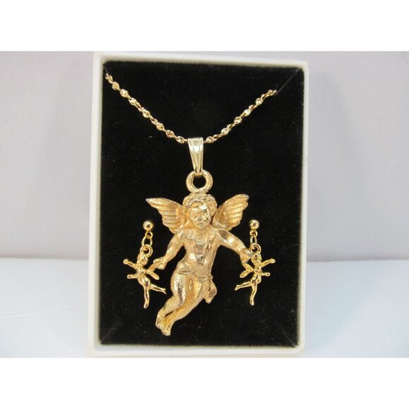 Cherub Angel Pendant Necklace and Matching Pierced Earring Set - Picture 8 of 10